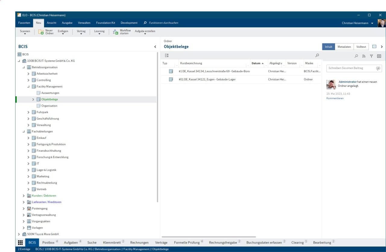 Archivstruktur des BCIS Foundation Kit im ELO Java Client mit Betriebsbereichen und Fachabteilungen